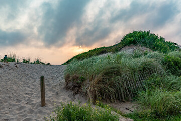 A sandy path winds between coastal dunes anchored by tall seagrasses and a weathered wooden fence. Overhead, thick gray clouds part slightly to reveal the soft glow of a setting sun casting a warm lig