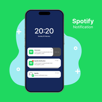 Spotify notification mockup in light mode. Notification layout for the application.Spotify notification UI mockup template. Spotify push alert banner popup in mobile app.
