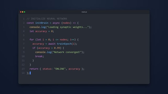 Programming code on a dark computer screen, displaying a neural network training process with accuracy metrics and convergence logic