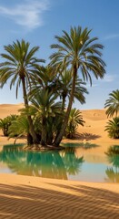 Fototapeta premium Desert Oasis Serenity - Palm Trees, Water, and Sand.