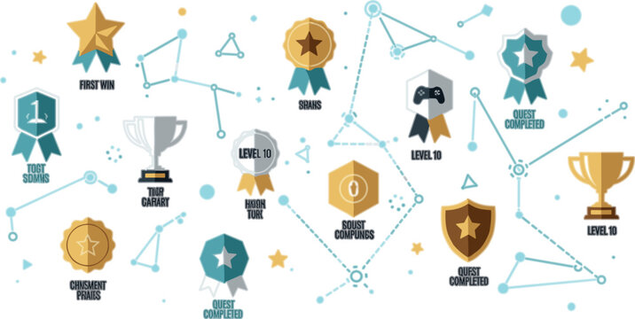 Achievement badges and reward icons collection with trophies medals levels progress milestones and gamification elements vector illustration set