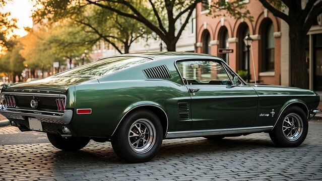 Classic 1967 Ford Mustang Fastback in Emerald Green on Cobblestone Street.