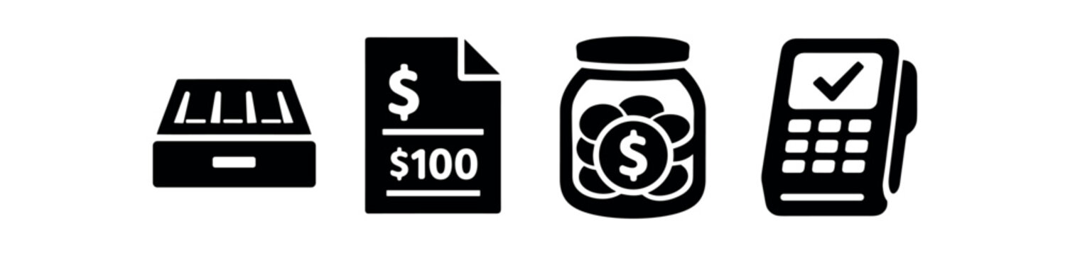 Retail payment icon set. cash drawer, invoice $100, coin jar, payment terminal, sales and checkout. flat vector illustration.