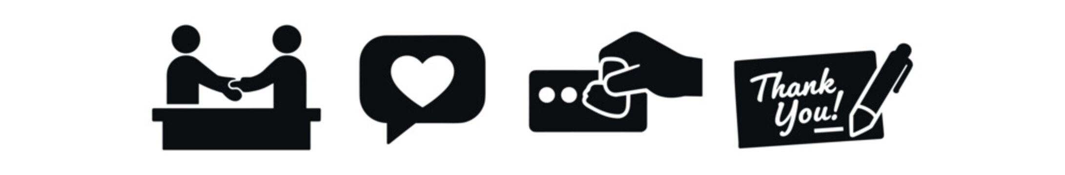 Customer service solid icon set. handshake, heart chat bubble, card payment, thank you card, approval, appreciation. line and flat vector icon set.