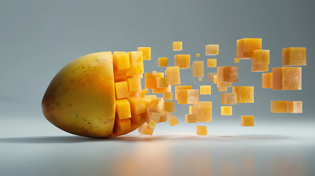 Mango Disintegrating into Digital Pixels Votex Cube  Technology and Nature Concept