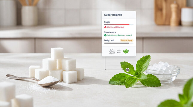 Sugar cubes and powdered sugar with fresh stevia leaves and sweetener crystals, illustrating reduced sugar use and natural alternative.
