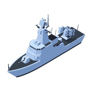 Isometric Illustration of a Modern Warship with Missile Launchers.