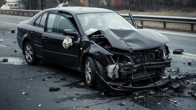 Severely damaged black sedan sits wrecked in the middle of a highway after a serious vehicle collision showing significant front end impact and broken car parts debris