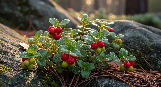 Bright red lingonberries growing on a mossy rock in a forest under soft sunlight during the day. american bearberry