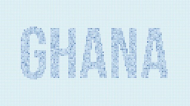 Ghana dotted map animation. Digital style shape of the country. Ghana shape and title dots appear with bulb flickering effect. Intro, outro, logo, title video.