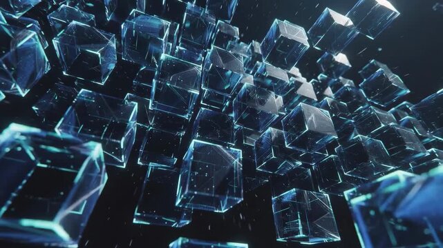 Floating transparent cubes in a futuristic digital style on a dark background, symbolizing data flow and modern technology