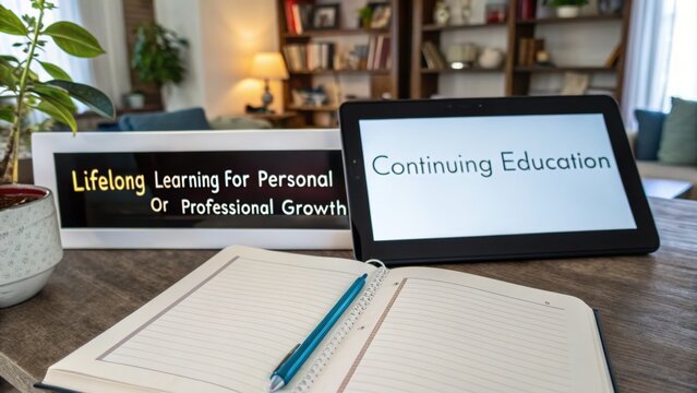 Continuing Education on Tablet with Notebook and Pen