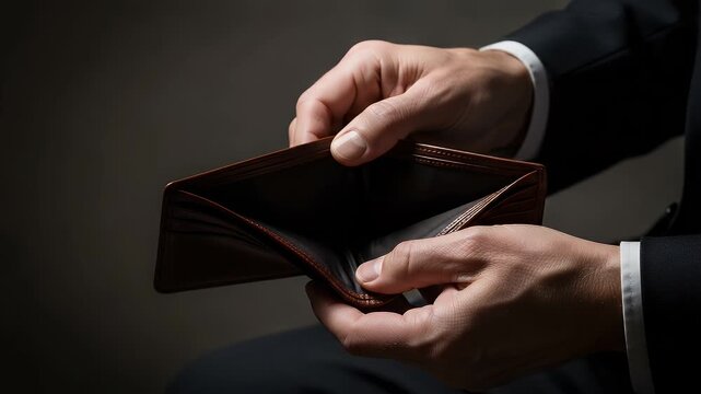 A businessman in a formal suit holds an open brown leather wallet that is completely empty showing signs of financial hardship poverty debt bankruptcy or lack of money to spend