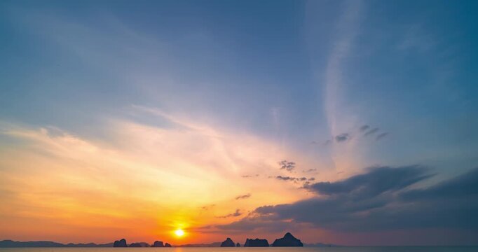 Beautiful 4K Time lapse of Majestic sunrise or sunset sky landscape Amazing light of nature cloudscape sky and Clouds moving away rolling.Colorful dark sunset cloud Footage timelapse Travel background