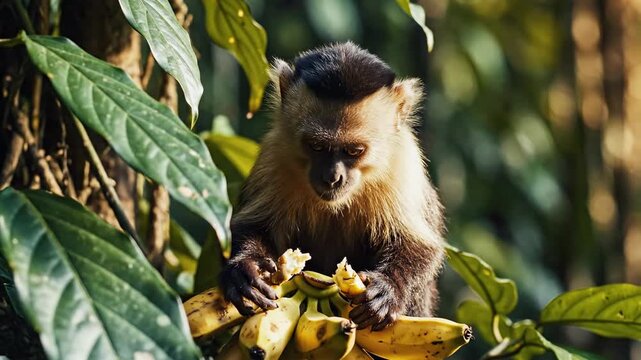 Capuchin Monkey Feast - A Tropical Banana Bonanza in the Jungle Canopy.