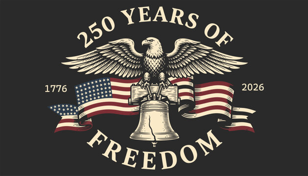 Vintage american freedom logo with eagle, bell, and flag on dark background