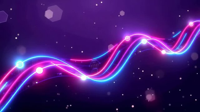 Abstract neon light waves with glowing lines on purple background futuristic digital motion design
