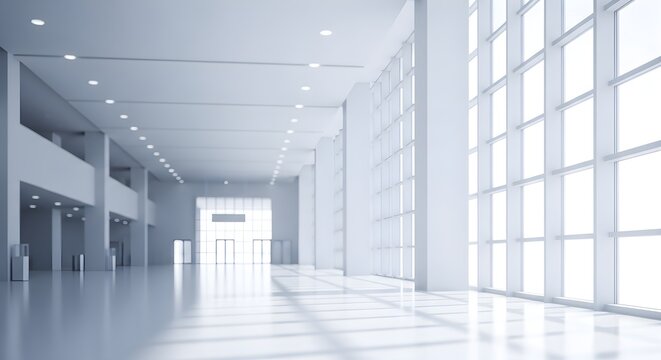 Modern minimalist interior architecture, spacious empty white hall with large windows and bright natural light, contemporary commercial building design for events or exhibitions