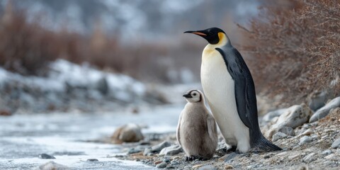 Fototapeta premium Penguin Parent and Chick Wildlife Snow Scene Protective Nature Concept