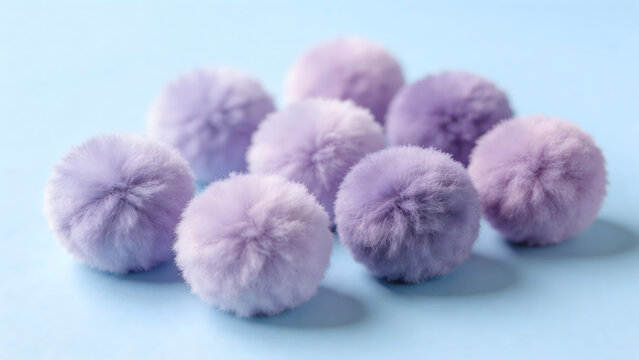Purple fluffy pom poms on blue background