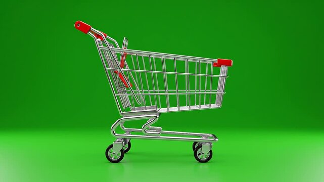 A detailed 3D shopping cart icon on a vibrant green screen background, perfect for an ecommerce cart icon animation