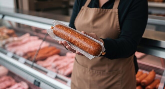 Butcher displays large sausage. Storefront with various meats in the background