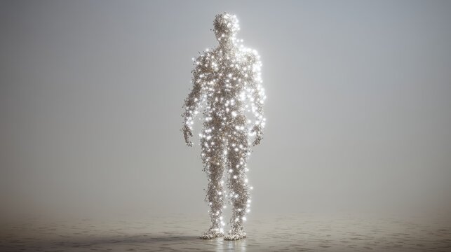 A glowing, abstract human figure composed of interconnected points and lines stands against a muted background, radiating light and digital energy, abstract CEO vision