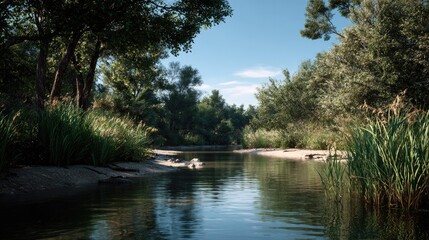 Obraz premium Tranquil Waterside Vista: A serene river flows through a lush, verdant landscape, its surface mirroring the vibrant hues of the surrounding trees and sky, evoking a sense of calm and natural beauty.