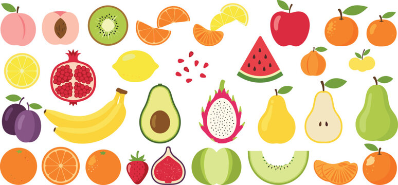 Colorful Set of 24 Fresh Fruits Including Watermelon, Orange, Kiwi, Pear, Strawberry, Avocado, Pomegranate, and More for Healthy Eating, Nutrition, and Food Designs