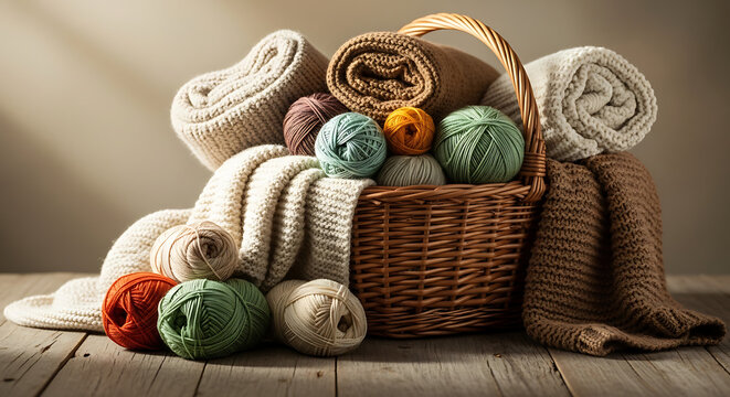 Cozy Basket of Knitting Yarn and Soft Knitted Scarves and Blankets