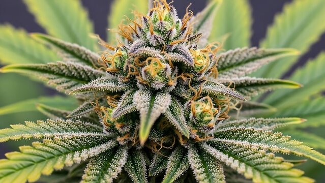 Close-up of a Mature Cannabis Bud with Trichomes and Pistils.