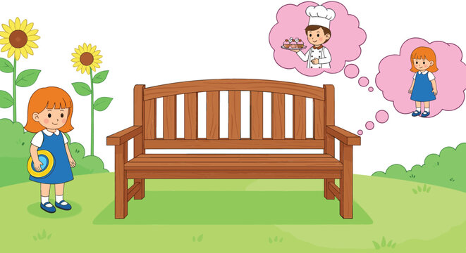 Cute little girl standing near park bench thinking about future dream professions cartoon vector illustration