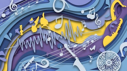 Fototapeta premium Abstract Music Composition with Instruments and Sound Waves.