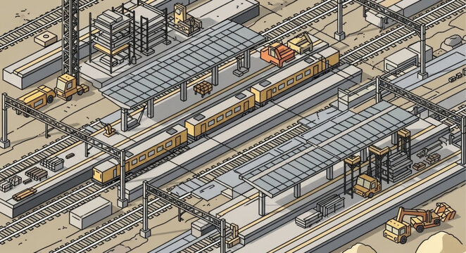 Urban commuter train platforms and multiple passenger trains.