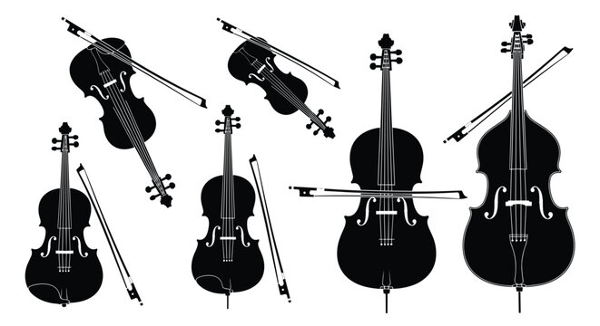 A collection of elegant black silhouettes featuring various classical string instruments like violins and cellos is displayed with their bows on a white background.