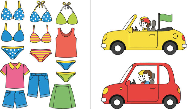 Summer clothing collection with swimsuits and casual outfits, kids driving cartoon cars transportation vector illustration set