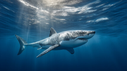 Fototapeta premium Powerful great white shark swimming through sunlit ocean waters.
