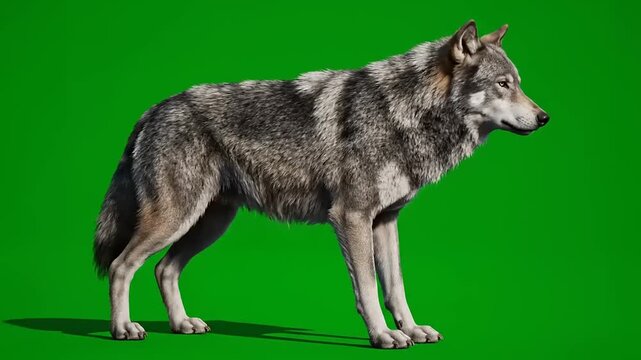 Majestic grey wolf stands isolated on a vibrant green background, showcasing its powerful presence and intricate fur details, ideal for compositing and wildlife studies