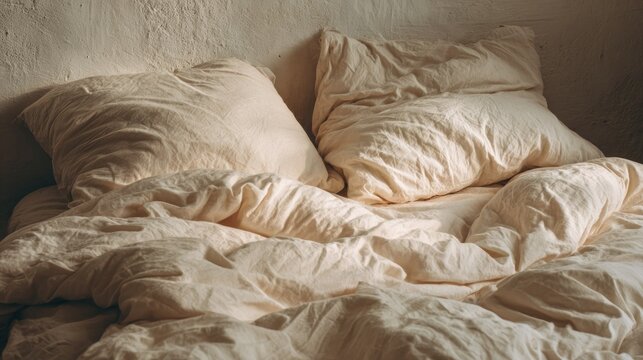 Unmade bed with pillows and wrinkled sheets in soft neutral tones