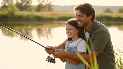 Fototapeta premium father and daughter fishing by lake