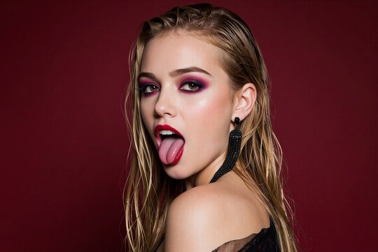 A stylish woman with wet hair and bold makeup sticks her tongue out provocatively against a deep red background.