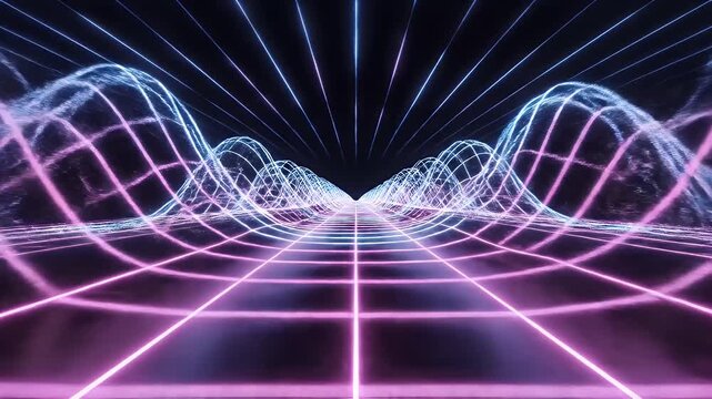 Abstract Neon Grid Landscape with Wavy Structures and Light Trails.