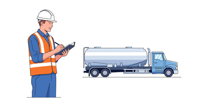 A professional safety inspector wearing a bright orange reflective vest and white hard hat meticulously records data on a clipboard beside a blue fuel tanker.