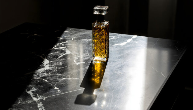 Vintage glass perfume attar bottle casting shadow on dark marble