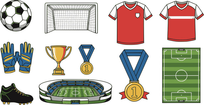 Soccer football sport set includes stadiums, trophies, and jerseys in a colored vector icon style.