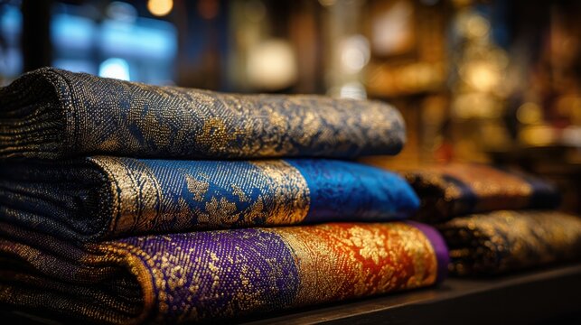 Richly patterned traditional Malay songket fabric swatches showcasing intricate gold weaving and vibrant colors