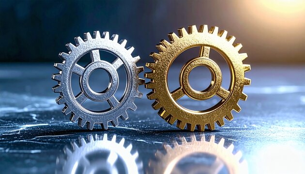 Two metallic gears interlocking for teamwork concept