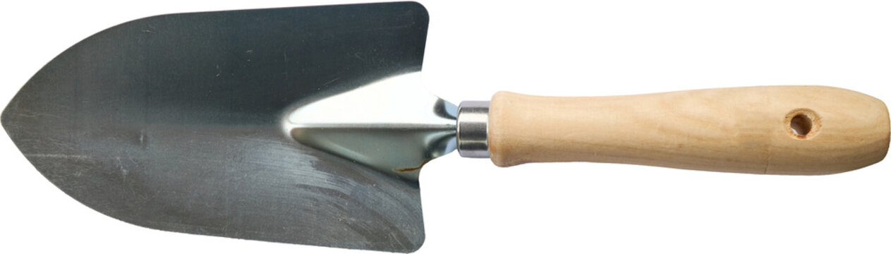 Metal garden trowel with a wooden handle isolated on a transparent background, showing a clean and minimal gardening tool for product or design use.