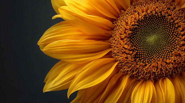 A vibrant sunflower displays its intricate petals and seed pattern on dark background.