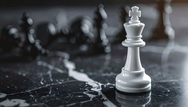 White chess king standing on marble board after checkmate